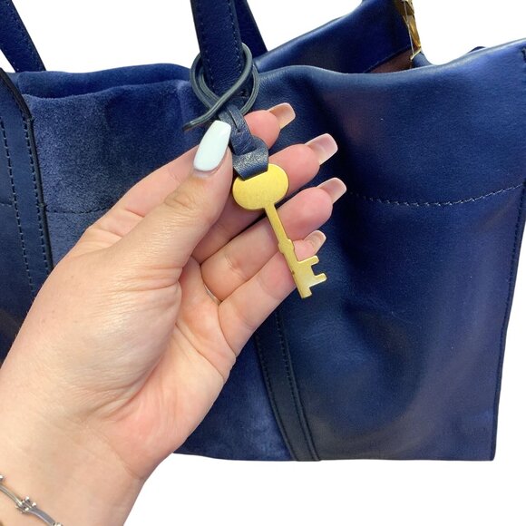 Fossil Large Blue Leather & Suede Tote Bag With Gold Hardware & Key Accent - Picture 3 of 7